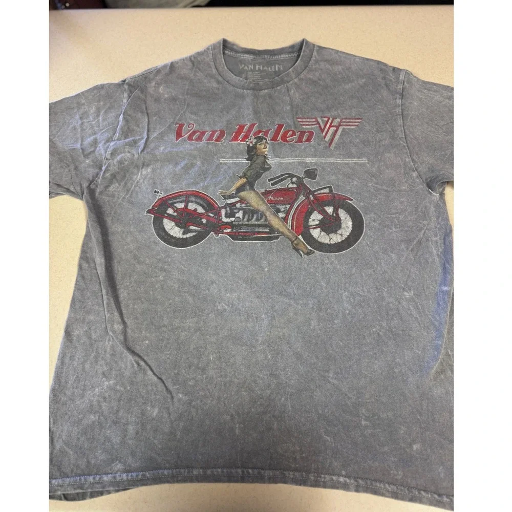 Van Halen Mens Pin Up Girl Motorcycle Graphic‎ T-Shirt Gray Mineral Wash Large